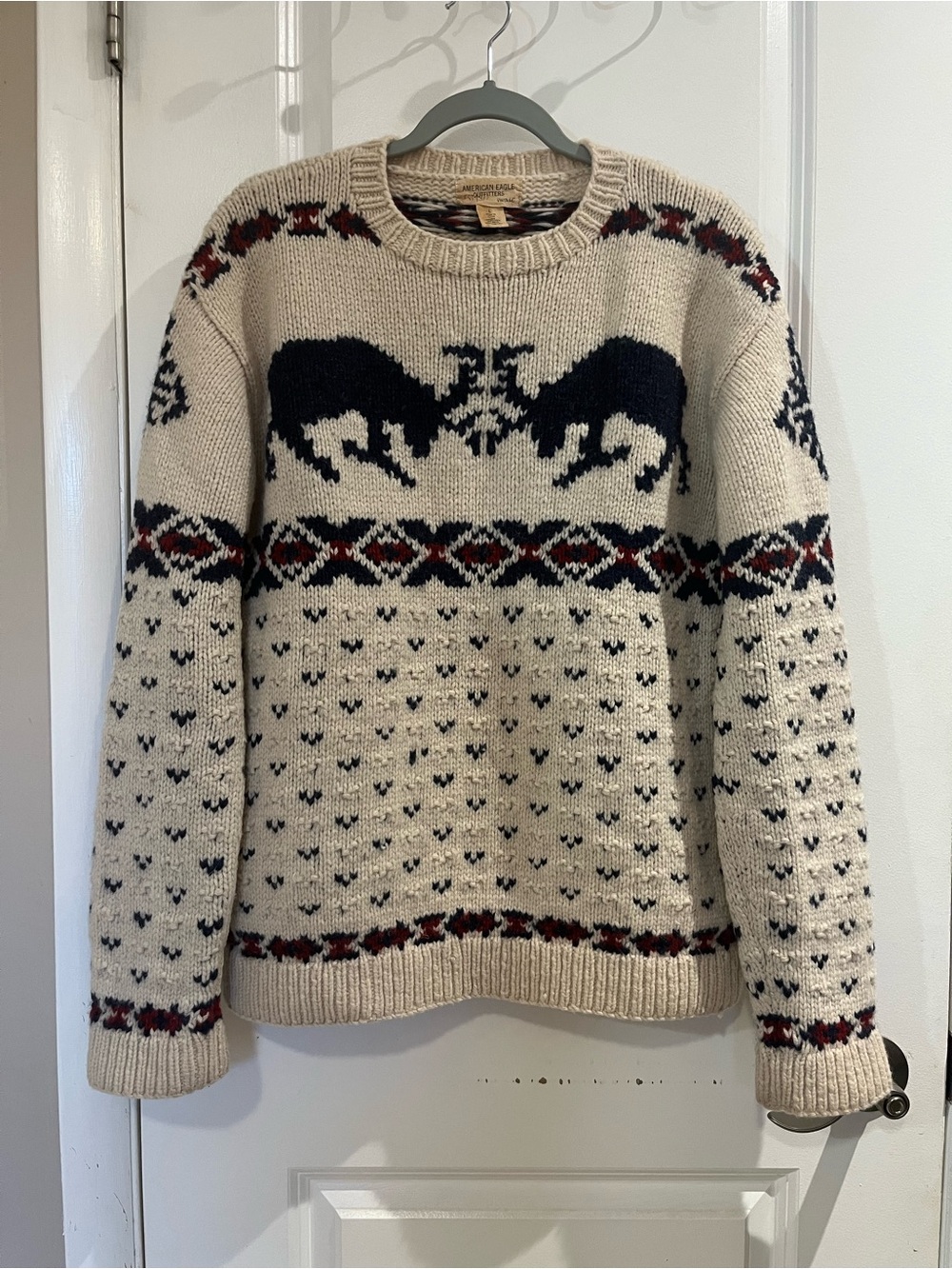 American Eagle Men's Cream Fair Isle Lambswool Chunky Sweater with Deer Motif LG
